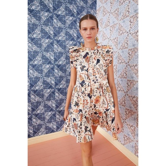 Ulla Johnson Floral Ruffle Tiered Babydoll Mini Dress Cream Blue Ochre - Picture 5 of 16